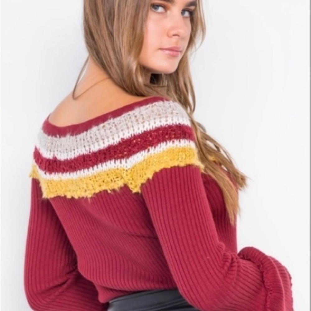 𝅺en CREME Crop Burgundy & Multi Stripe Bell Sleeve Sweater.